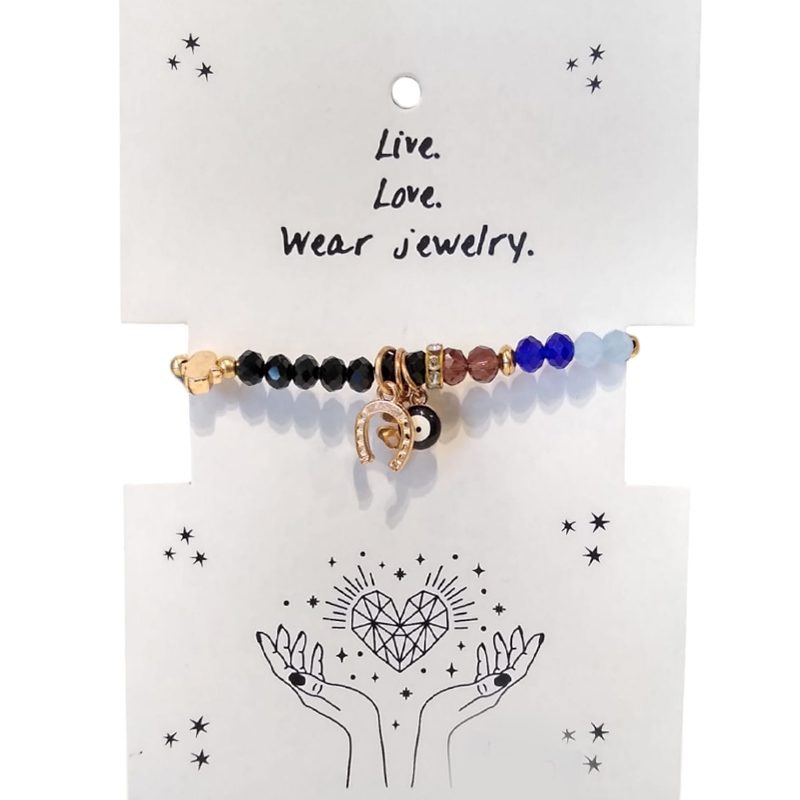 Pulsera Elastica Negra con 7 Colores con Dijes Dorados de Herradura, Trebol, Ojo Turco y Mano de Fatima