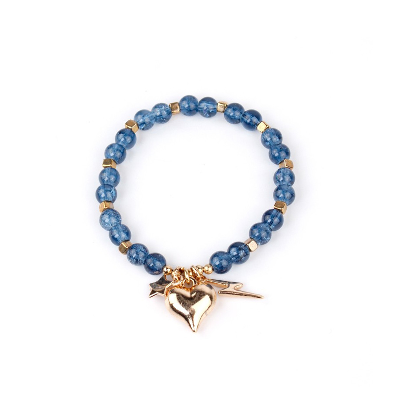 Pulsera Elastica Azul con Dije Corazon, Rayo y Estrella Dorada
