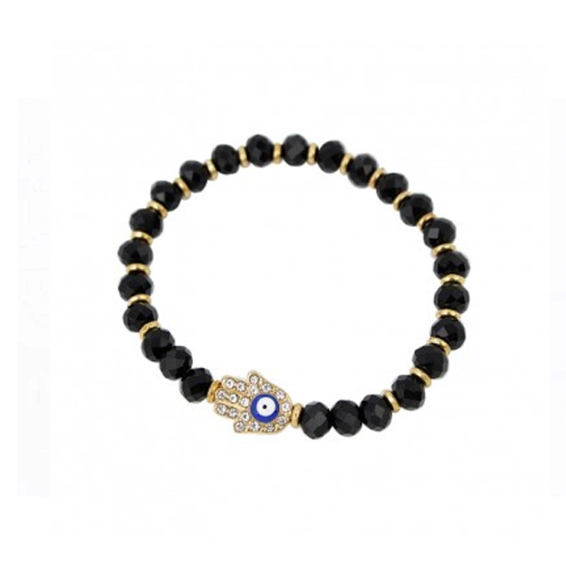 Pulsera Elastica Negra con Mano de Fatima y Ojo Turco con Strass
