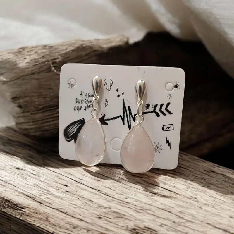 Aros Gema Cuarzo Rosa Gota con Virola