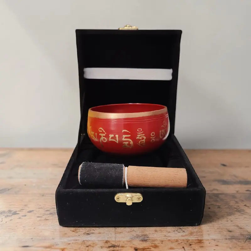Cuenco Tibetano 9cm Rojo Mantras con Zafu, Baqueta y Caja
