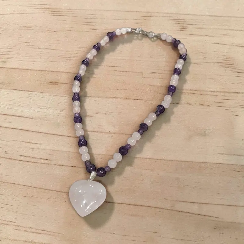 Collar Gema Amatista y Cuarzo Rosa con Dije Corazon Cuarzo Rosa