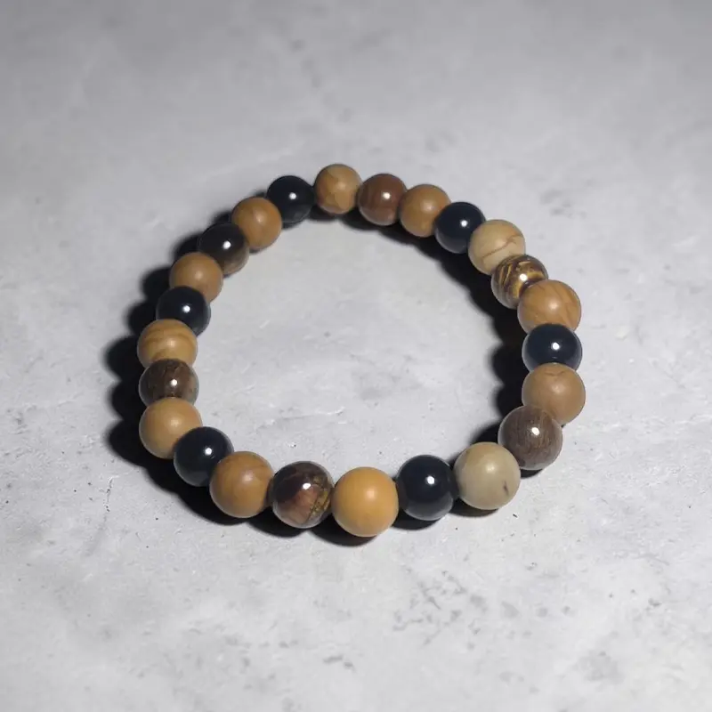 Pulsera Gema Elastica Obsidiana Negra, Jaspe Madera y Ojo de Tigre