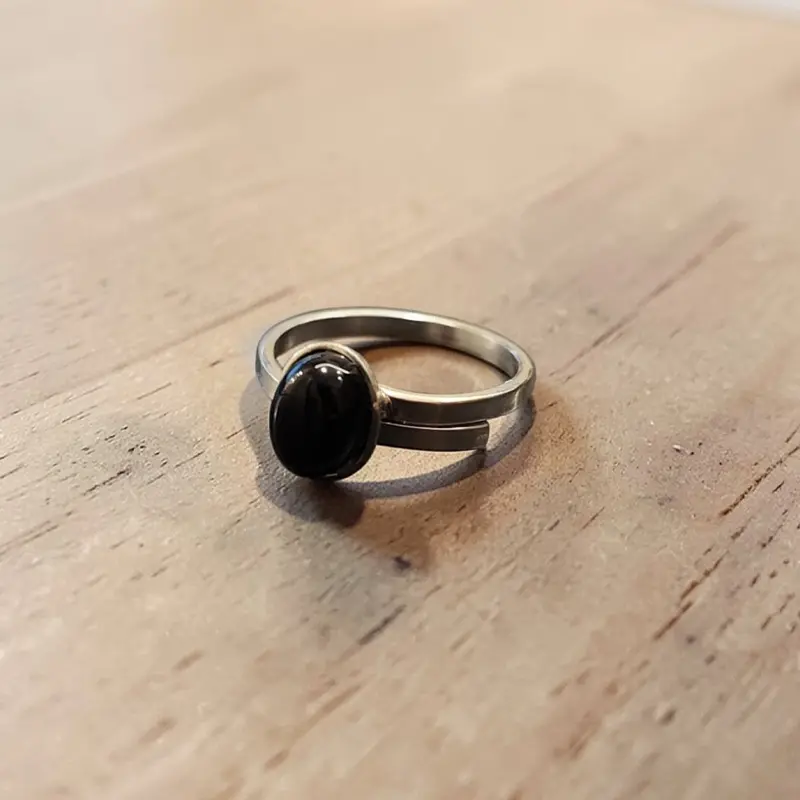 Anillo Gema Obsidiana Negra Regulable Alpaca