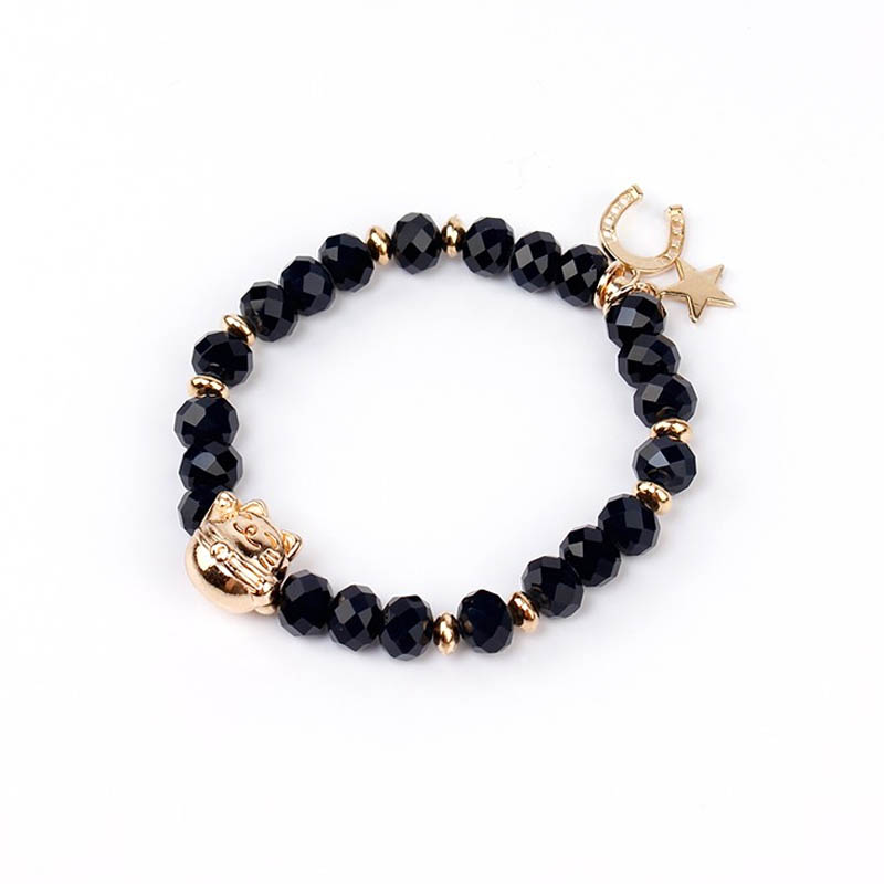 Pulsera Elastica Negra con Gato, Herradura y Estrella Dorada
