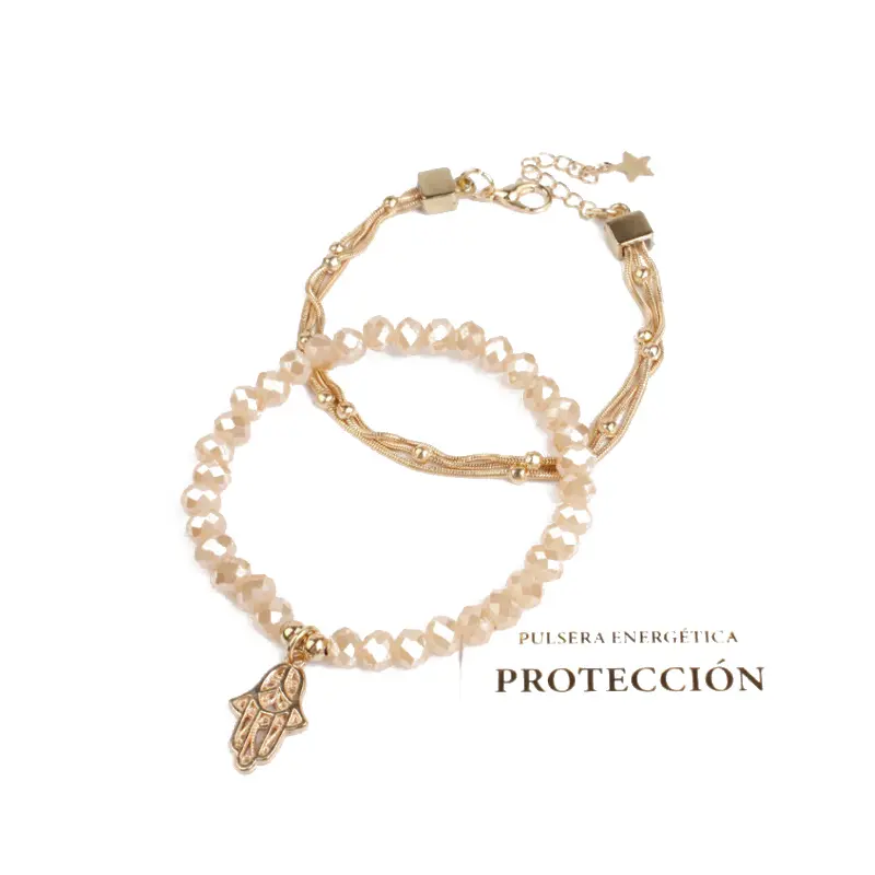 Set Pulseras Elasticas Cadena Dorada y Cristal con Mano de Fatima