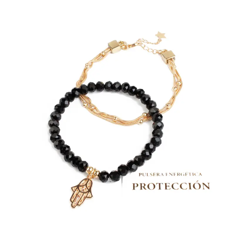 Set Pulseras Elasticas Cadena Dorada y Negra con Mano de Fatima