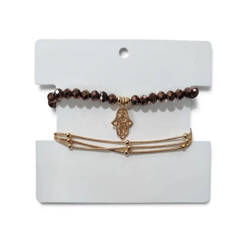 Set Pulseras Cadena Dorada y Elastica Marron con Mano de Fatima