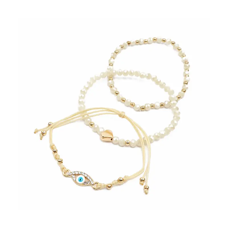 Set Tres Pulseras Hilo con Ojo Turco y Elasticas Tonos Beige Dije Corazon 