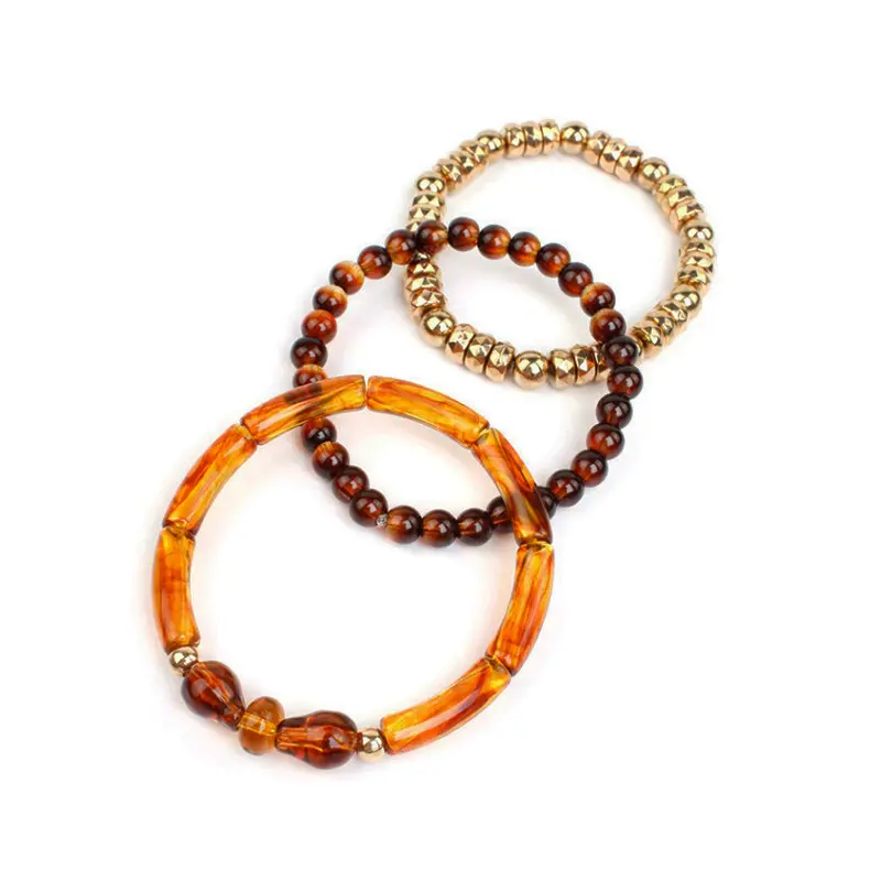 Set Tres Pulseras Elasticas Ambar y Dorada