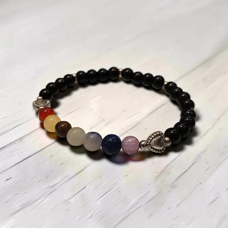 Pulsera Gema 7 Chakras con Obsidiana Dije Corazon 6mm Elástica