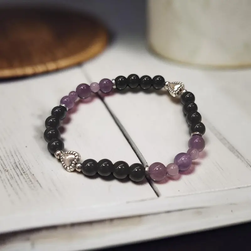 Pulsera Gema Amatista y Obsidiana Negra con Dije Corazon