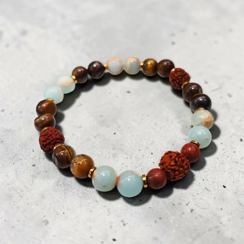 Pulsera Gema Elastica Rudraksha, Ojo de Tigre,  Larimar, Hematite Dorado y Jaspe Rojo