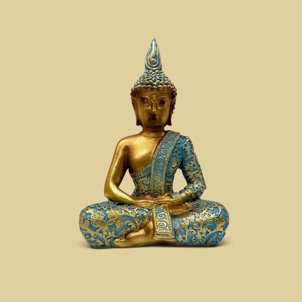 Buda Deco Meditando Celeste y Oro 12cm 