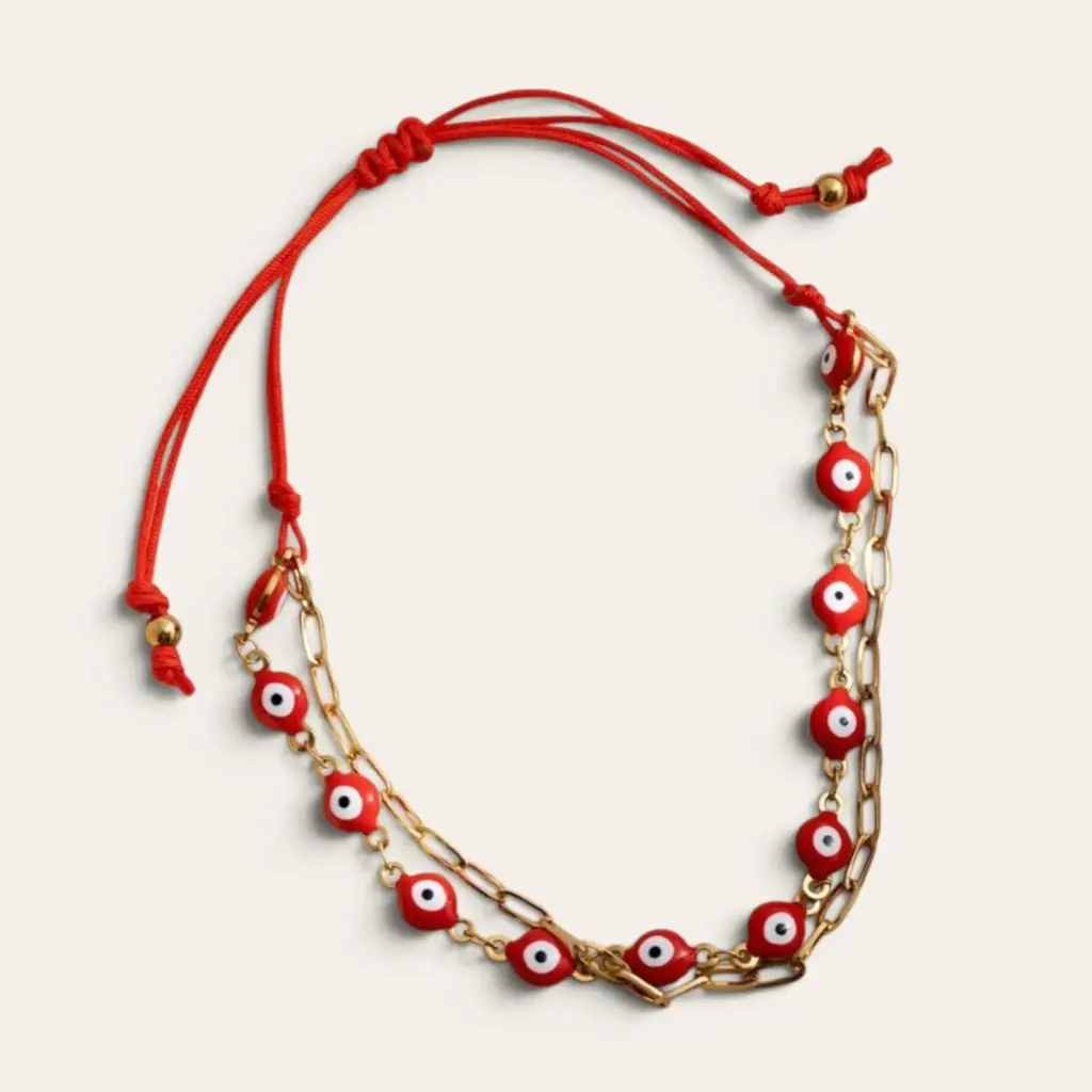 Pulsera Hilo y Acero Dorado con Ojo Turco Rojo