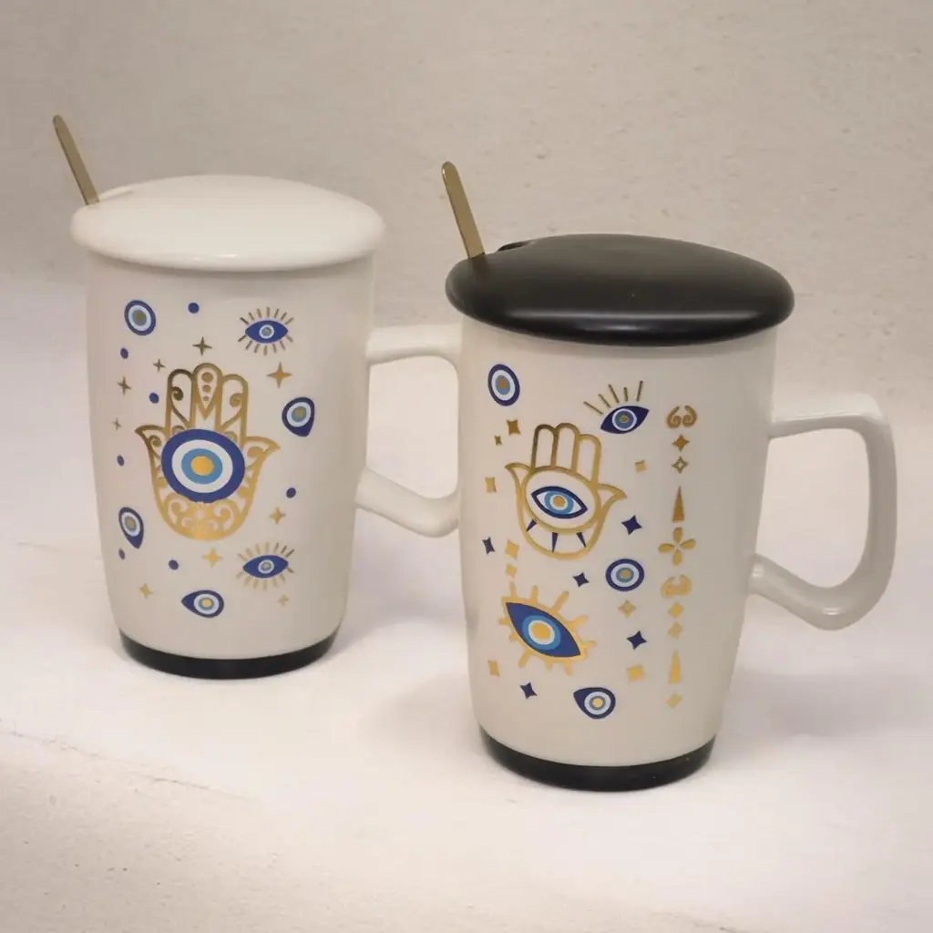 Taza Ceramica Blanca con Ojo Turco, Tapa (Negra o Blanca) y Cuchara