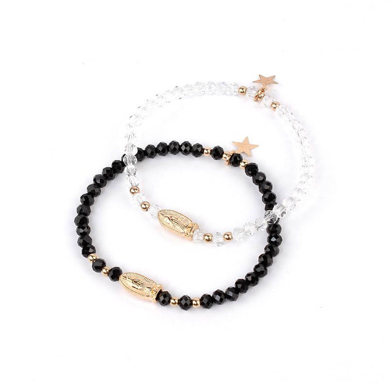 Set Pulseras Elasticas Negra y Transparente Blessed Amulet Virgen Guadalupe