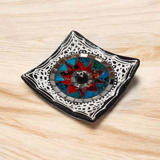 Porta Sahumerio Cuadrado Negro y Blanco con Espejos y Mosaicos Colores Surtidos