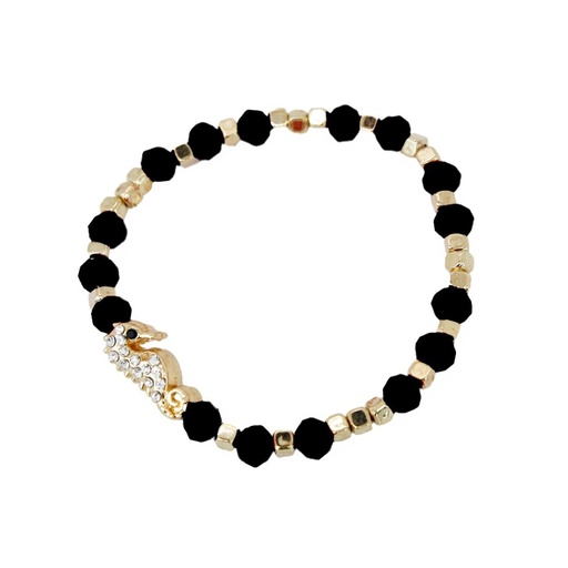 Pulsera Elastica Negra y Dorada con Caballito de Mar con Strass
