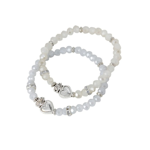 [^79339] Set Pulseras Elastica Celeste y Beige con Corazon