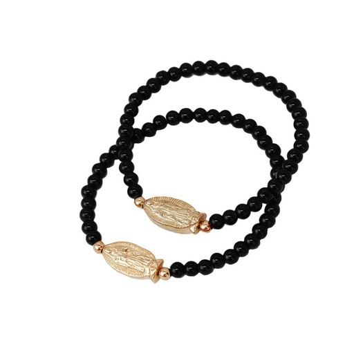 Set Pulseras Elastica Negra con Dije Dorado Virgen de Guadalupe