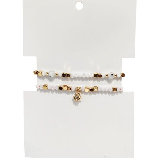 [81905] Set Pulseras Hilo y Elastica Blanca con ojo Turco y Mano de Fatima