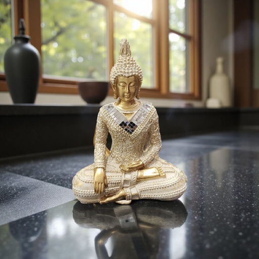 [114367] Buda Dorado Meditando con Banda Espejada 18cm Modelo N°2