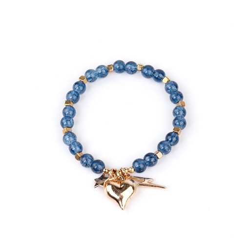 Pulsera Elastica Azul con Dije Corazon, Rayo y Estrella Dorada