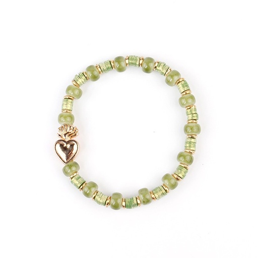 [94891] Pulsera Elastica Verde con Corazon Dorado