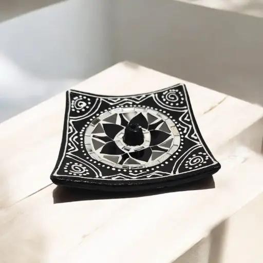 Porta Sahumerio Cuadrado Negro y Blanco con Espejos y Mosaicos