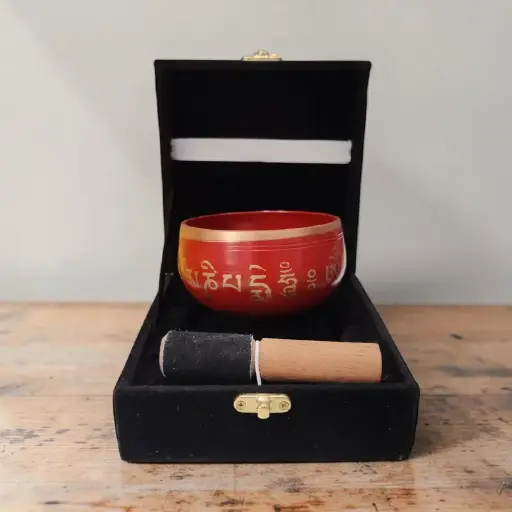 Cuenco Tibetano 9cm Rojo Mantras con Zafu, Baqueta y Caja