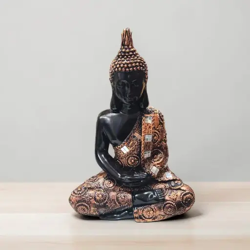 Buda Negro Manto Bronce con Espejos 29cm