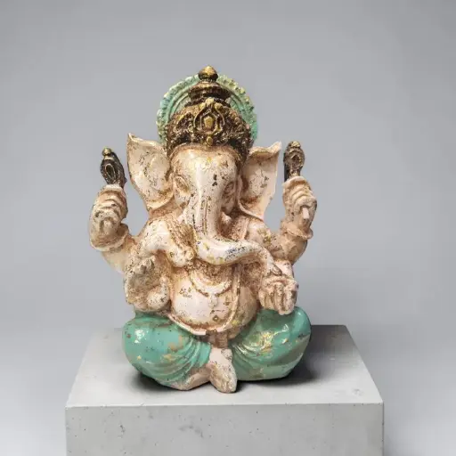 Ganesha Blanca Resina 14cm Manto Turquesa