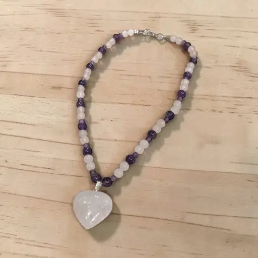 Collar Amatista y Cuarzo Rosa con Dije Corazon Cuarzo Rosa
