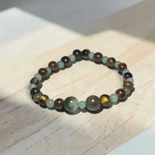 Pulsera Gema Elastica Amazonita, Ojo de Tigre y Agata Verde