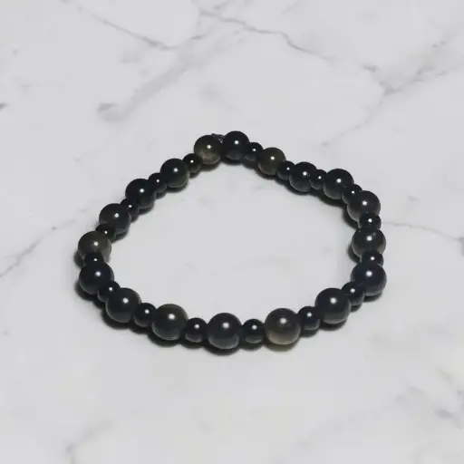 Pulsera Gema Elastica Obsidiana Negra y Obsidiana Dorada 