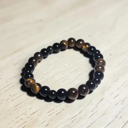 Pulsera Gema Elastica Obsidiana Negra y Ojo de Tigre