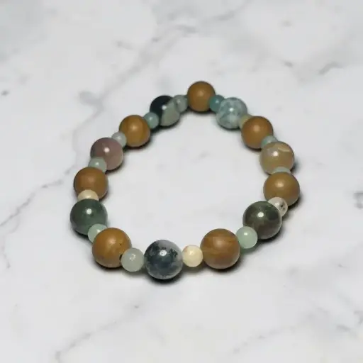 Pulsera Gema Elastica Amazonita, Jaspe Madera y Agata Musgosa