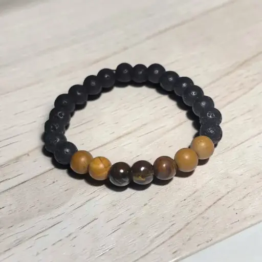 Pulsera Gema Elastica Piedra Volcanica, Jaspe Madera y Ojo de Tigre