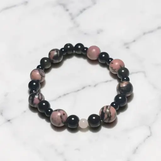 Pulsera Gema Elastica Rodonita, Obsidiana Negra, Obsidiana Dorada y Cuarzo Rosa