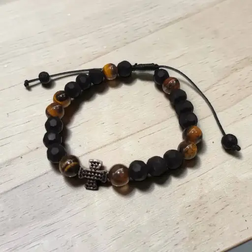 Pulsera Gemas Hilo Onix Mate y Ojo de Tigre con Dije