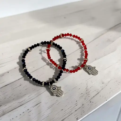 Pulsera Elastica con Dije Mano de Fatima y Ojo Turco Azul