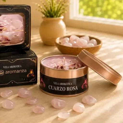 Vela Aromatica Organica con Cristal Cuarzo Rosa