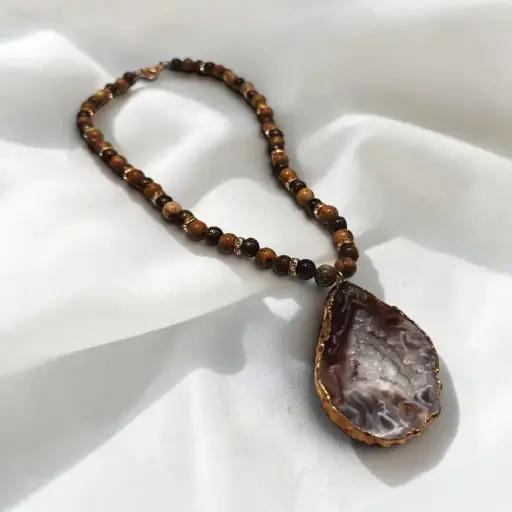 Collar Gema Ojo de Tigre y Jaspe Madera con Drusa de Agata