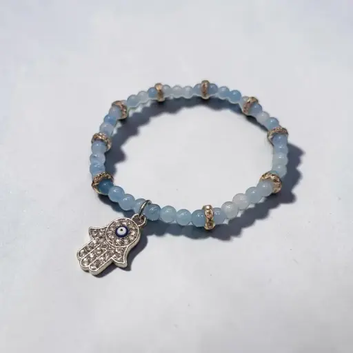 Pulsera Gema Elastica Onix Cielo con Mano de Fatima 