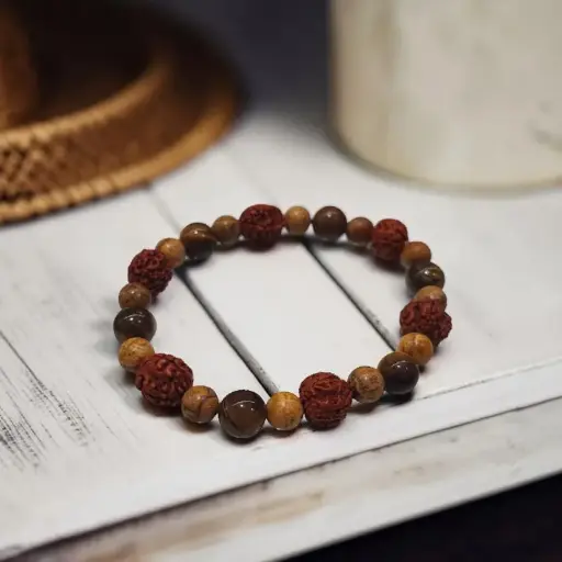 Pulsera Gema Elastica Ojo de Tigre, Jaspe Madera y Rudraksha