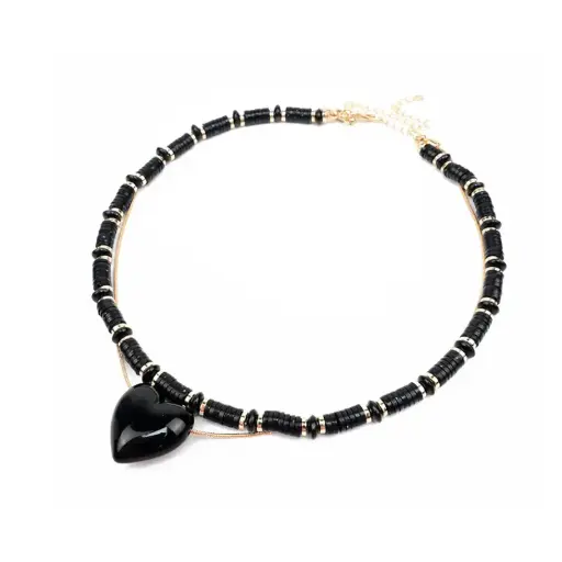 [110221] Collar Combinado Cadenas y Corazon Negro