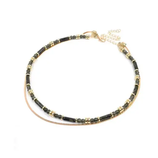Collar Doble Dorado y Combinado con Cuentas Negras