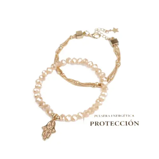 [109250] Set Pulseras Cadena Dorada y Elastica Cristal con Mano de Fatima