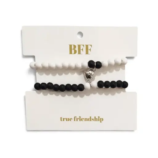 [110217] Set Pulseras Elasticas Blanca y Negra Unidas por Corazon Plateado